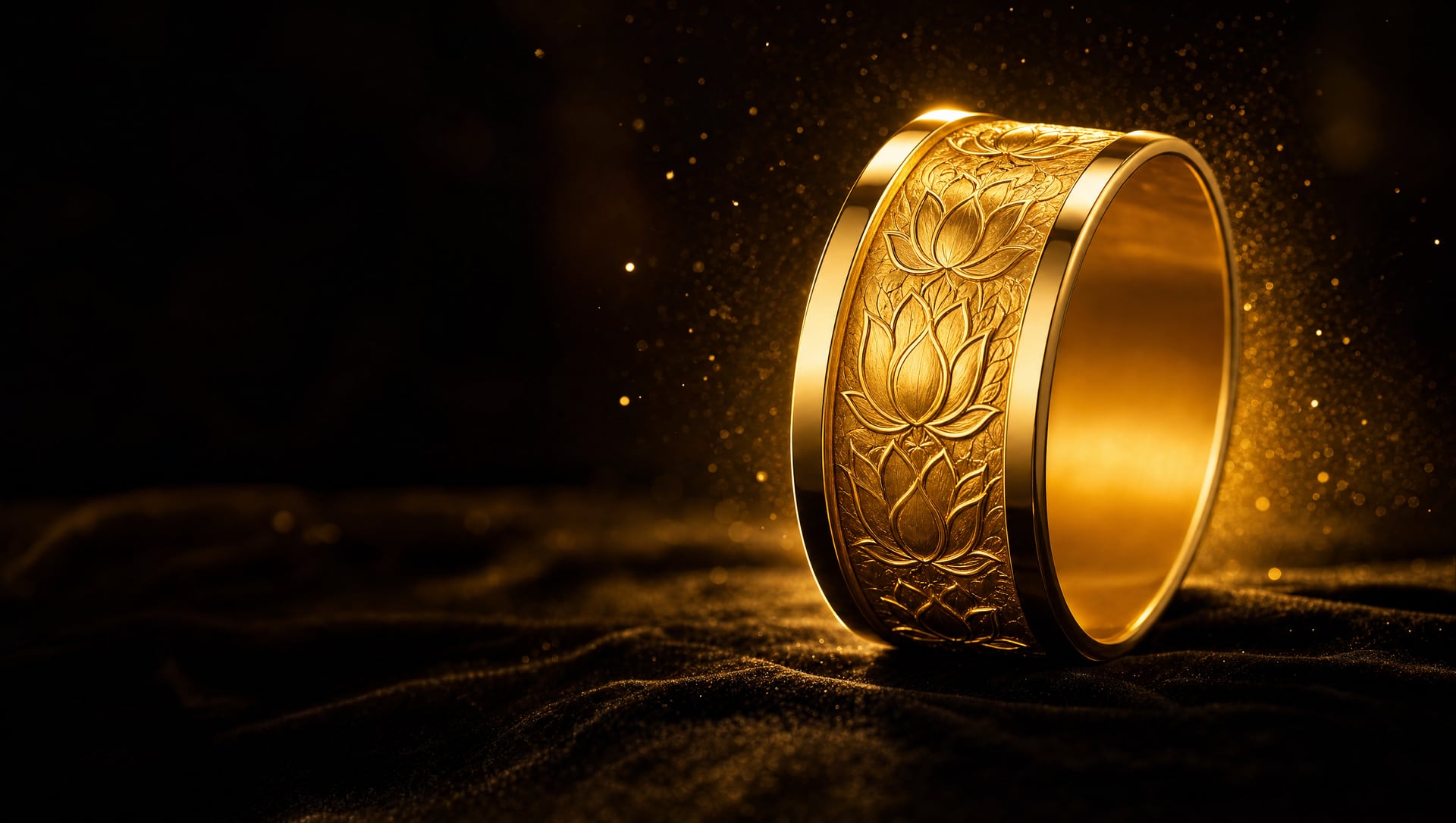 A wide 22K gold bridal bangle with an engraved lotus band, resting on black velvet in warm light